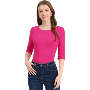 imageAllegra K Womens Casual Round Neck Elbow Sleeve t Shirts Slim Fit Blouses Tops FashionRose Red