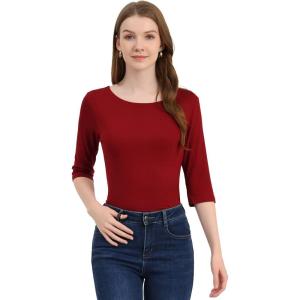 imageAllegra K Womens Casual Round Neck Elbow Sleeve t Shirts Slim Fit Blouses Tops FashionWine Red