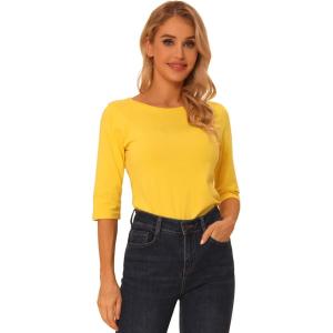 imageAllegra K Womens Casual Round Neck Elbow Sleeve t Shirts Slim Fit Blouses Tops FashionYellows
