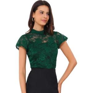 imageAllegra K Womens Elegant Floral Lace Blouse Short Sleeve Keyhole Back Fitted Semi Sheer TopGreen