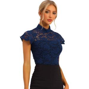 imageAllegra K Womens Elegant Floral Lace Blouse Short Sleeve Keyhole Back Fitted Semi Sheer TopNavy Blue