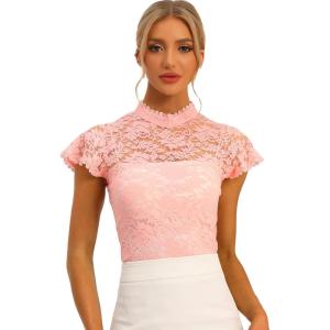 imageAllegra K Womens Elegant Floral Lace Blouse Short Sleeve Keyhole Back Fitted Semi Sheer TopPinks