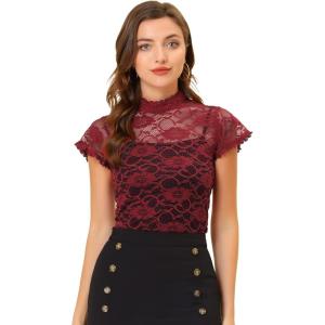 imageAllegra K Womens Elegant Floral Lace Blouse Short Sleeve Keyhole Back Fitted Semi Sheer TopWine