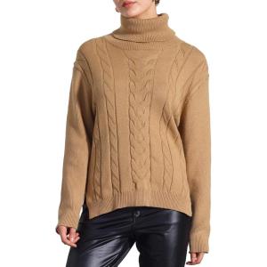 imageAllegra K Womens Oversized Sweaters Turtleneck Spilt Hem Cable Knit Pullover TopsBrown