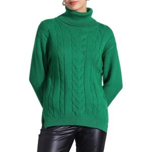 imageAllegra K Womens Oversized Sweaters Turtleneck Spilt Hem Cable Knit Pullover TopsGreen