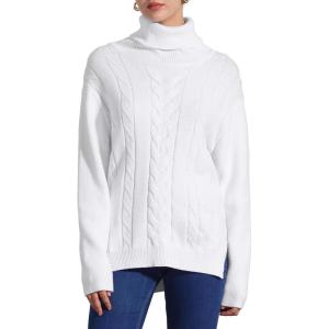imageAllegra K Womens Oversized Sweaters Turtleneck Spilt Hem Cable Knit Pullover TopsWhite