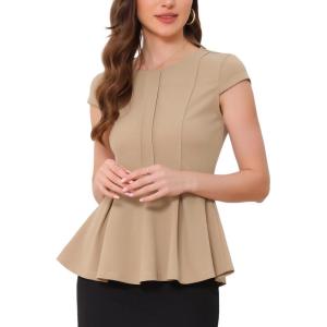 imageAllegra K Womens Peplum Top Cap Sleeve Round Neck 2025 Summer Work Blouse Tops for Business CasualKhaki