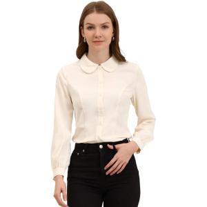 imageAllegra K Womens Peter Pan Collar Blouse Business Casual Long Sleeve Button Down Work ShirtBeige