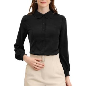 imageAllegra K Womens Peter Pan Collar Blouse Business Casual Long Sleeve Button Down Work ShirtBlack