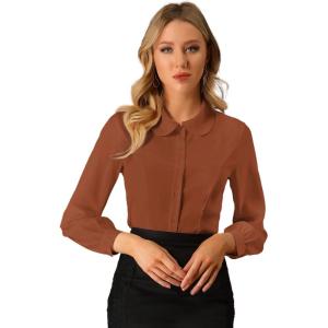 imageAllegra K Womens Peter Pan Collar Blouse Business Casual Long Sleeve Button Down Work ShirtBrick Red