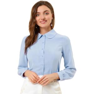 imageAllegra K Womens Peter Pan Collar Blouse Business Casual Long Sleeve Button Down Work ShirtLight Blue