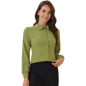 imageAllegra K Womens Peter Pan Collar Blouse Business Casual Long Sleeve Button Down Work ShirtOlive Green