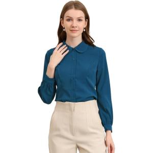 imageAllegra K Womens Peter Pan Collar Blouse Business Casual Long Sleeve Button Down Work ShirtPeacock Blue