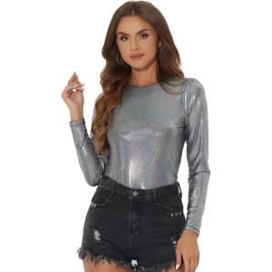 imageAllegra K Womens Sparkly Glitter Tops Shiny Metallic 80s Disco OutfitsBlack Multicolor
