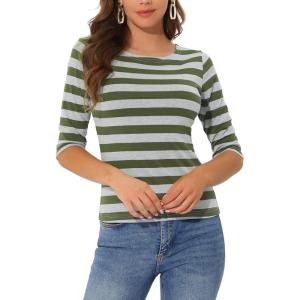imageAllegra K Womens Striped Top Round Neck Tops Casual Long Sleeve ShirtArmy Green Grey
