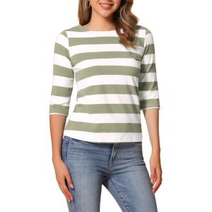 imageAllegra K Womens Striped Top Round Neck Tops Casual Long Sleeve ShirtBean Green White