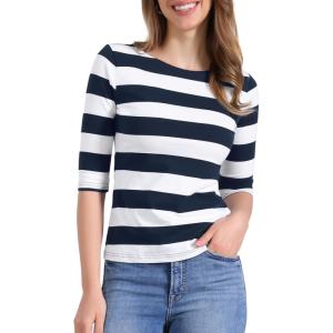 imageAllegra K Womens Striped Top Round Neck Tops Casual Long Sleeve ShirtBlue