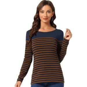 imageAllegra K Womens Striped Top Round Neck Tops Casual Long Sleeve ShirtBlue Brown