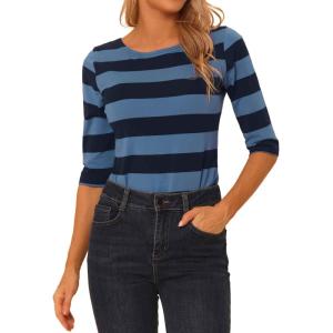imageAllegra K Womens Striped Top Round Neck Tops Casual Long Sleeve ShirtBlue Dark Blue