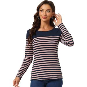 imageAllegra K Womens Striped Top Round Neck Tops Casual Long Sleeve ShirtBlue Pink