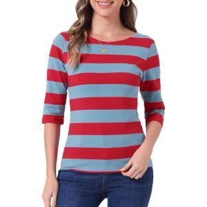 imageAllegra K Womens Striped Top Round Neck Tops Casual Long Sleeve ShirtBlue Red