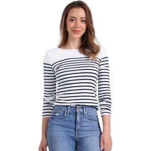imageAllegra K Womens Striped Top Round Neck Tops Casual Long Sleeve ShirtDark Blue