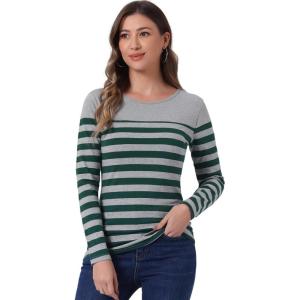 imageAllegra K Womens Striped Top Round Neck Tops Casual Long Sleeve ShirtDark Green Grey
