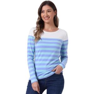 imageAllegra K Womens Striped Top Round Neck Tops Casual Long Sleeve ShirtDark Light Blue