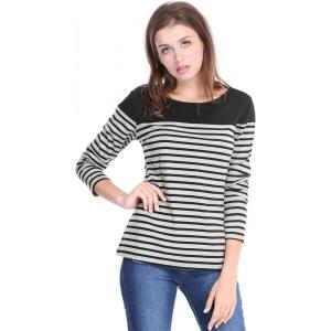 imageAllegra K Womens Striped Top Round Neck Tops Casual Long Sleeve ShirtGray