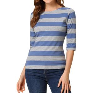 imageAllegra K Womens Striped Top Round Neck Tops Casual Long Sleeve ShirtGray Blue