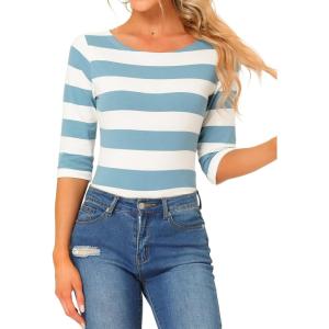 imageAllegra K Womens Striped Top Round Neck Tops Casual Long Sleeve ShirtGray Blue White