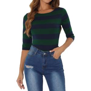 imageAllegra K Womens Striped Top Round Neck Tops Casual Long Sleeve ShirtGreen Navy
