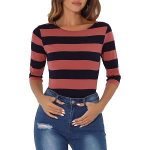 imageAllegra K Womens Striped Top Round Neck Tops Casual Long Sleeve ShirtHot Pink Navy