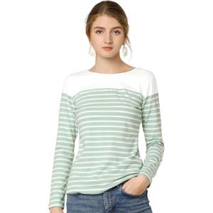 imageAllegra K Womens Striped Top Round Neck Tops Casual Long Sleeve ShirtLight Green