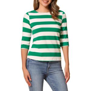 imageAllegra K Womens Striped Top Round Neck Tops Casual Long Sleeve ShirtMint Green White