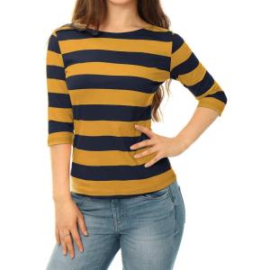 imageAllegra K Womens Striped Top Round Neck Tops Casual Long Sleeve ShirtMustard Navy