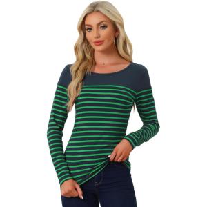 imageAllegra K Womens Striped Top Round Neck Tops Casual Long Sleeve ShirtNavy Blue Green