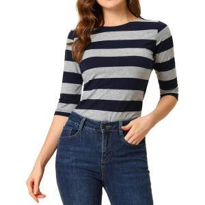 imageAllegra K Womens Striped Top Round Neck Tops Casual Long Sleeve ShirtNavy Gray