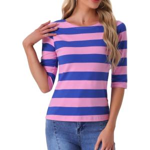 imageAllegra K Womens Striped Top Round Neck Tops Casual Long Sleeve ShirtPink Blue