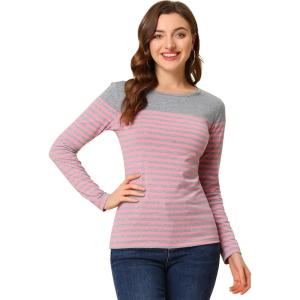 imageAllegra K Womens Striped Top Round Neck Tops Casual Long Sleeve ShirtPink Gray