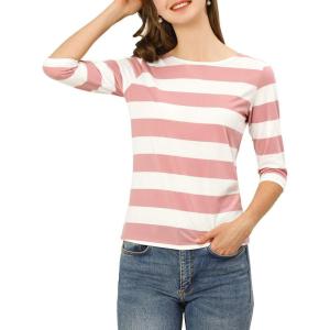 imageAllegra K Womens Striped Top Round Neck Tops Casual Long Sleeve ShirtPink White