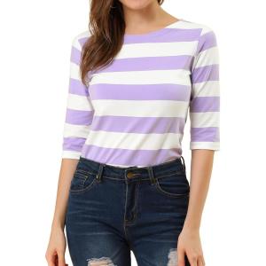 imageAllegra K Womens Striped Top Round Neck Tops Casual Long Sleeve ShirtWhite Purple