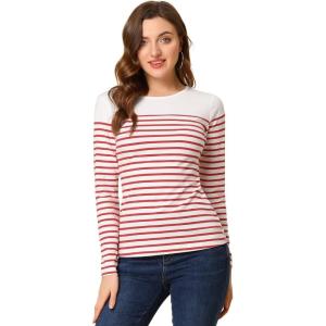 imageAllegra K Womens Striped Top Round Neck Tops Casual Long Sleeve ShirtWhite Red