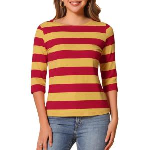 imageAllegra K Womens Striped Top Round Neck Tops Casual Long Sleeve ShirtYellow Red