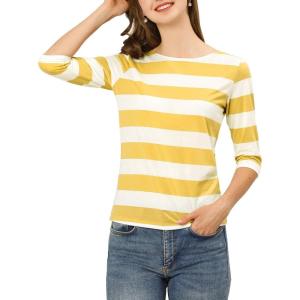 imageAllegra K Womens Striped Top Round Neck Tops Casual Long Sleeve ShirtYellow White