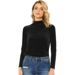 imageAllegra K Womens Turtleneck Velvet Top Long Sleeve Work Shirts Basic Velour BlouseBlack