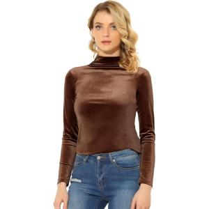 imageAllegra K Womens Turtleneck Velvet Top Long Sleeve Work Shirts Basic Velour BlouseCaramel