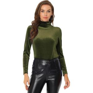 imageAllegra K Womens Turtleneck Velvet Top Long Sleeve Work Shirts Basic Velour BlouseOlive Green