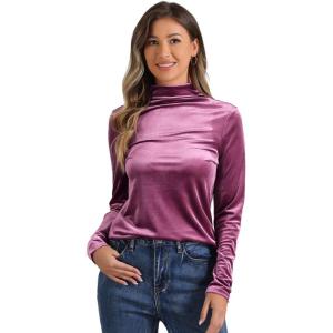 imageAllegra K Womens Turtleneck Velvet Top Long Sleeve Work Shirts Basic Velour BlousePink Purple