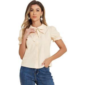 imageAllegra K Womens Vintage Peter Pan Collar Tie Neck Casual Cute Cotton ButtonUp ShirtApricot